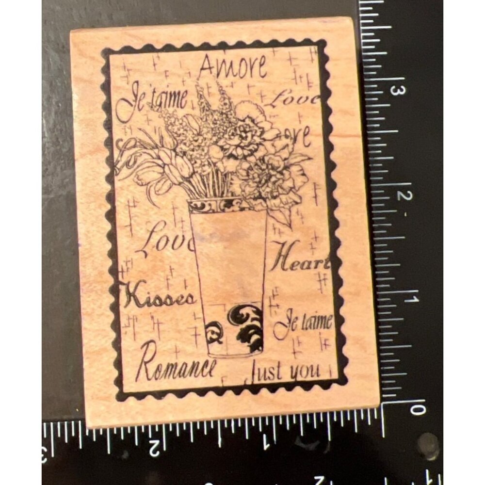 Wooden Mounted Rubber Stamp Romantic Script & Floral Great Impressions F425